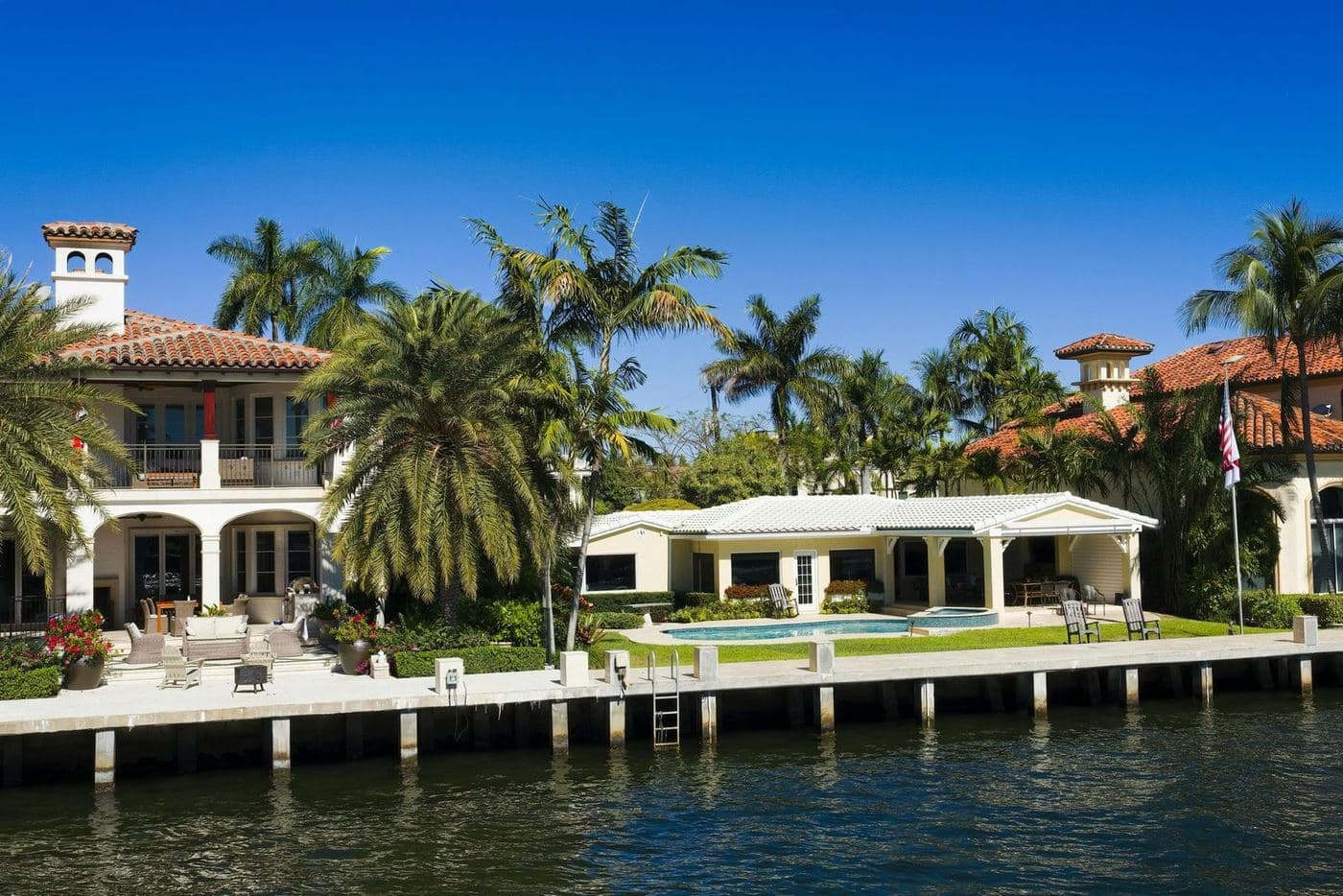 A large waterfront estate with a seawall and dock frontage